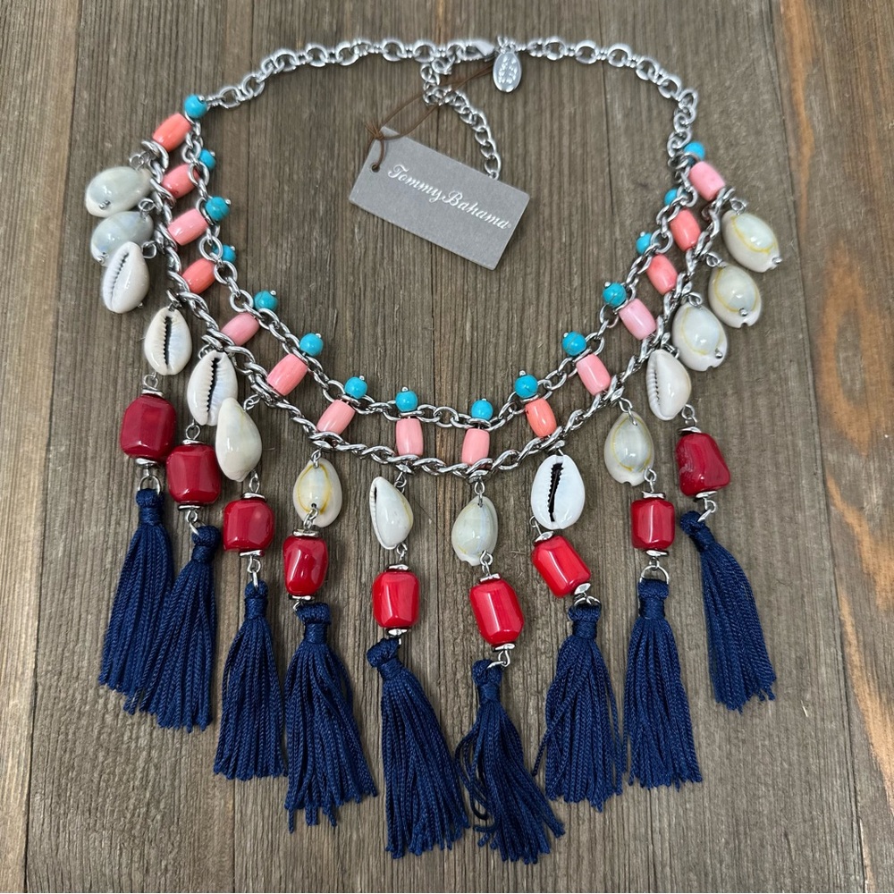 NWT Tommy Bahama Shell Tassel Bib Statement Necklace - Picture 2 of 3